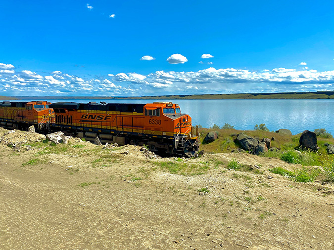 BNSF locomotive travels over the Fallbridge Subdivision near the Columbia River just outside of Vancouver, Washington.